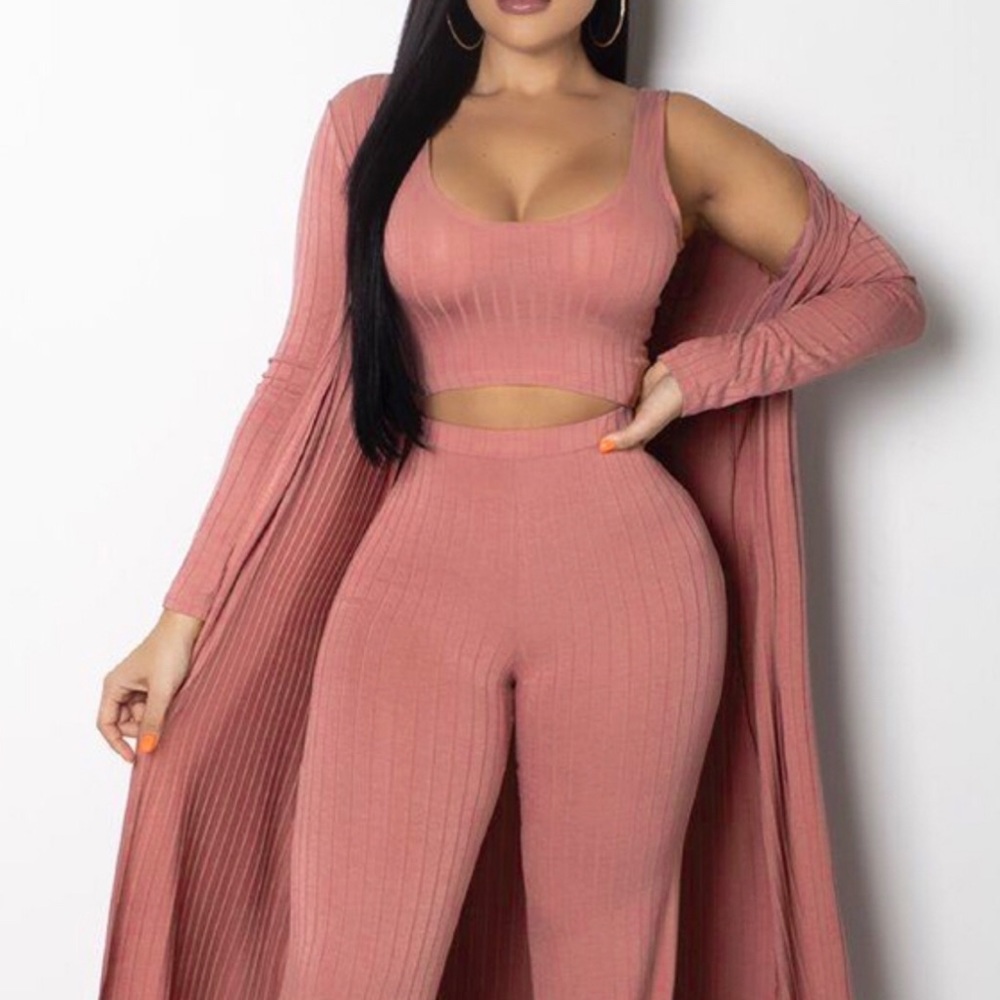 U Neck Pink Cotton Two-piece Pants Set(With Coat)